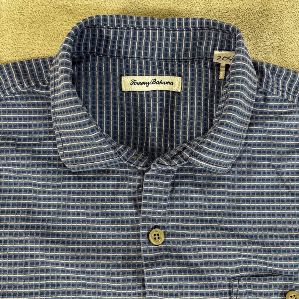 Tommy Bahama Shirt Mens Large Blue Grid Short Sleeve Textured Button Up - Picture 2 of 8